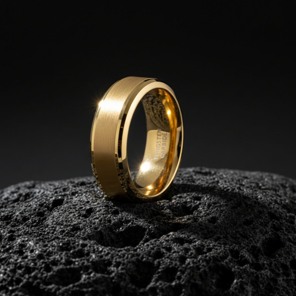 24K Gold Plated Tungsten Ring, Brushed Wedding Band, Comfort Fit Unisex Ring