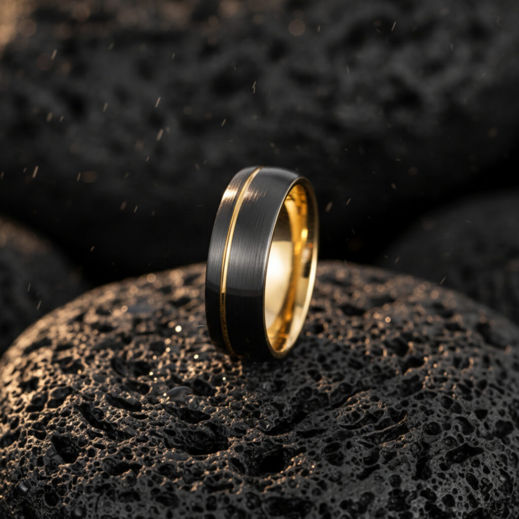 8mm Black Tungsten Ring, Brushed Gold Groove, Comfort Fit Wedding Band