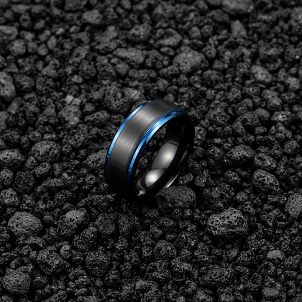 Black Tungsten Ring, Brushed Blue Line Wedding Band, Comfort Fit Unisex Sizes