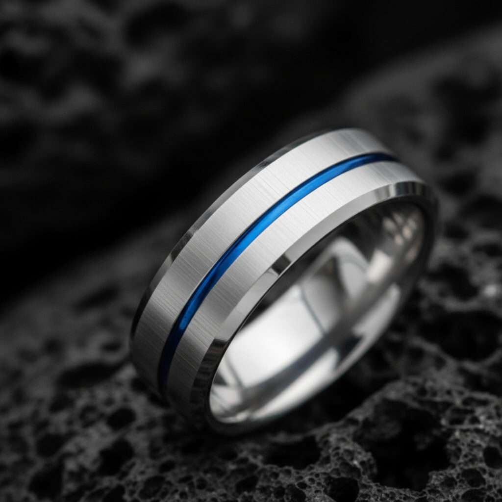8mm Tungsten Carbide Ring, Silver Blue Line Wedding Band, Modern Comfort Fit
