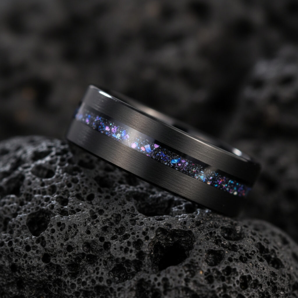 8mm Black Tungsten Ring, Blue Meteorite Inlay, Brushed Wedding Band, Galaxy Style Men's Ring