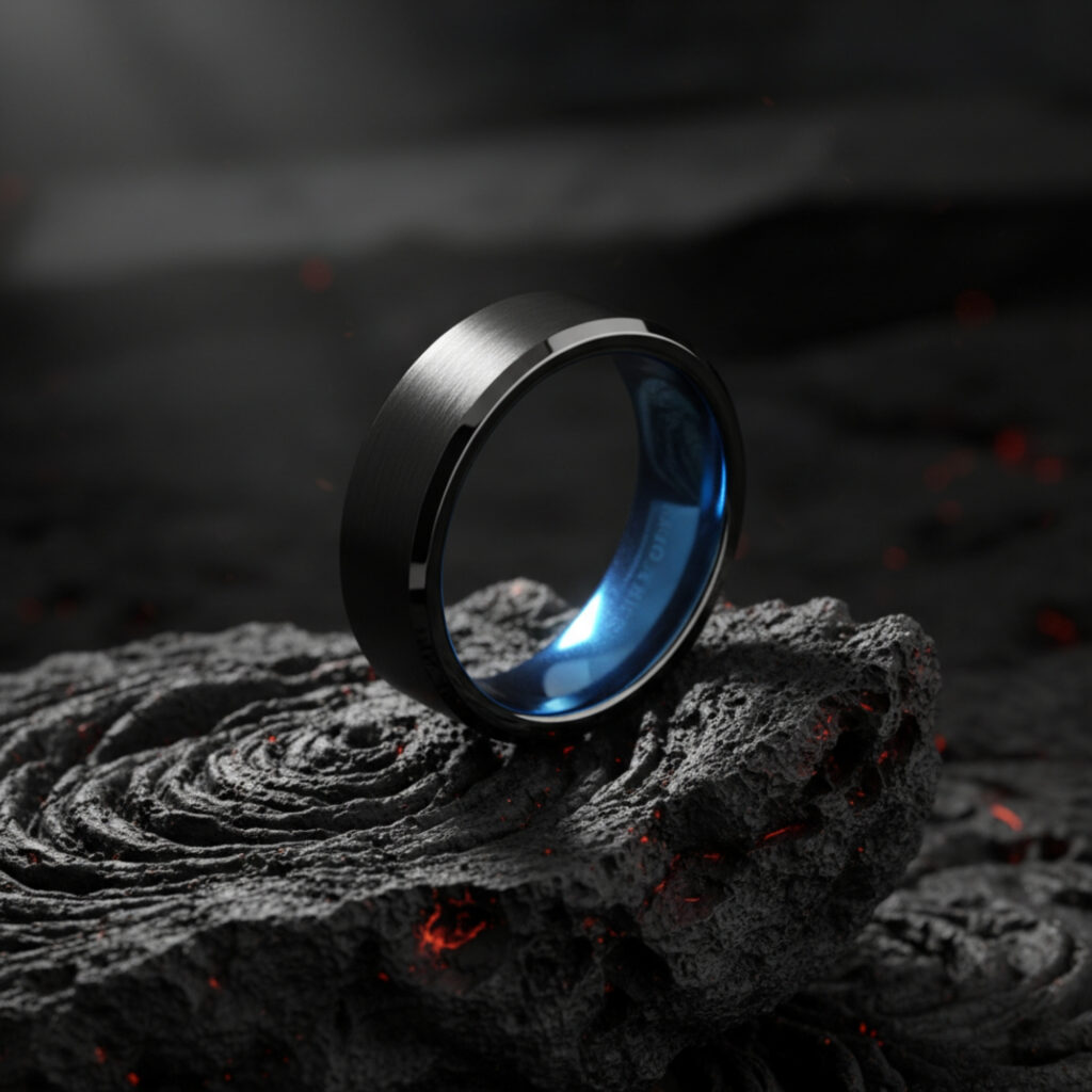 Black Tungsten Carbide Ring with Blue Groove – Minimalist Wedding Band
