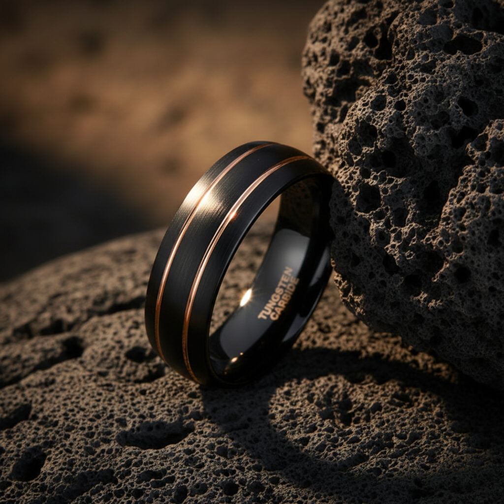 Black Tungsten Ring, Brushed Gold Line Wedding Band, Comfort Fit 8mm Dome Ring