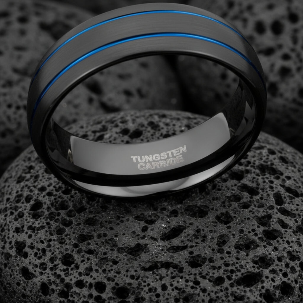 8mm Black Tungsten Ring, Brushed Dome Band Blue Line, Comfort Fit Men's Wedding Ring