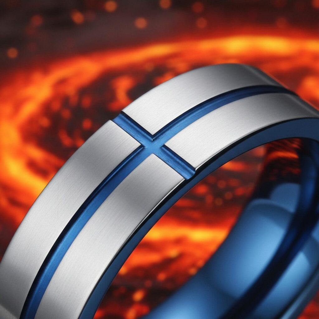 blue Cross Line Tungsten Carbide Ring, Unisex Wedding Band ScissorsArtStore 4 out of 5 stars