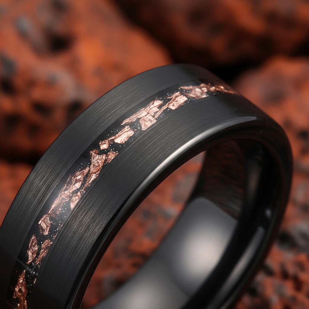 8mm Black Tungsten Carbide Ring Copper Slag Inlay Brushed Wedding Engagement Anniversary Band Men