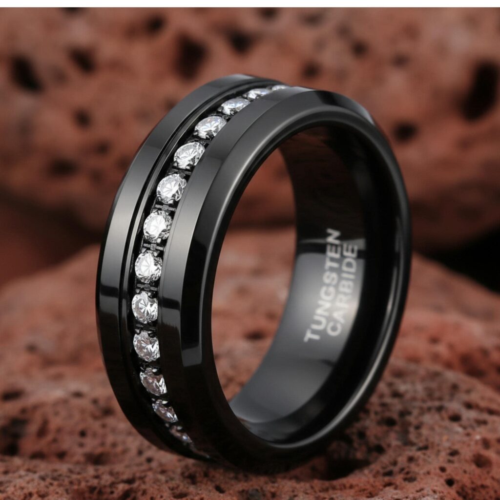 Black Tungsten Carbide Ring, CZ Eternity Band, Men's Wedding, 8mm