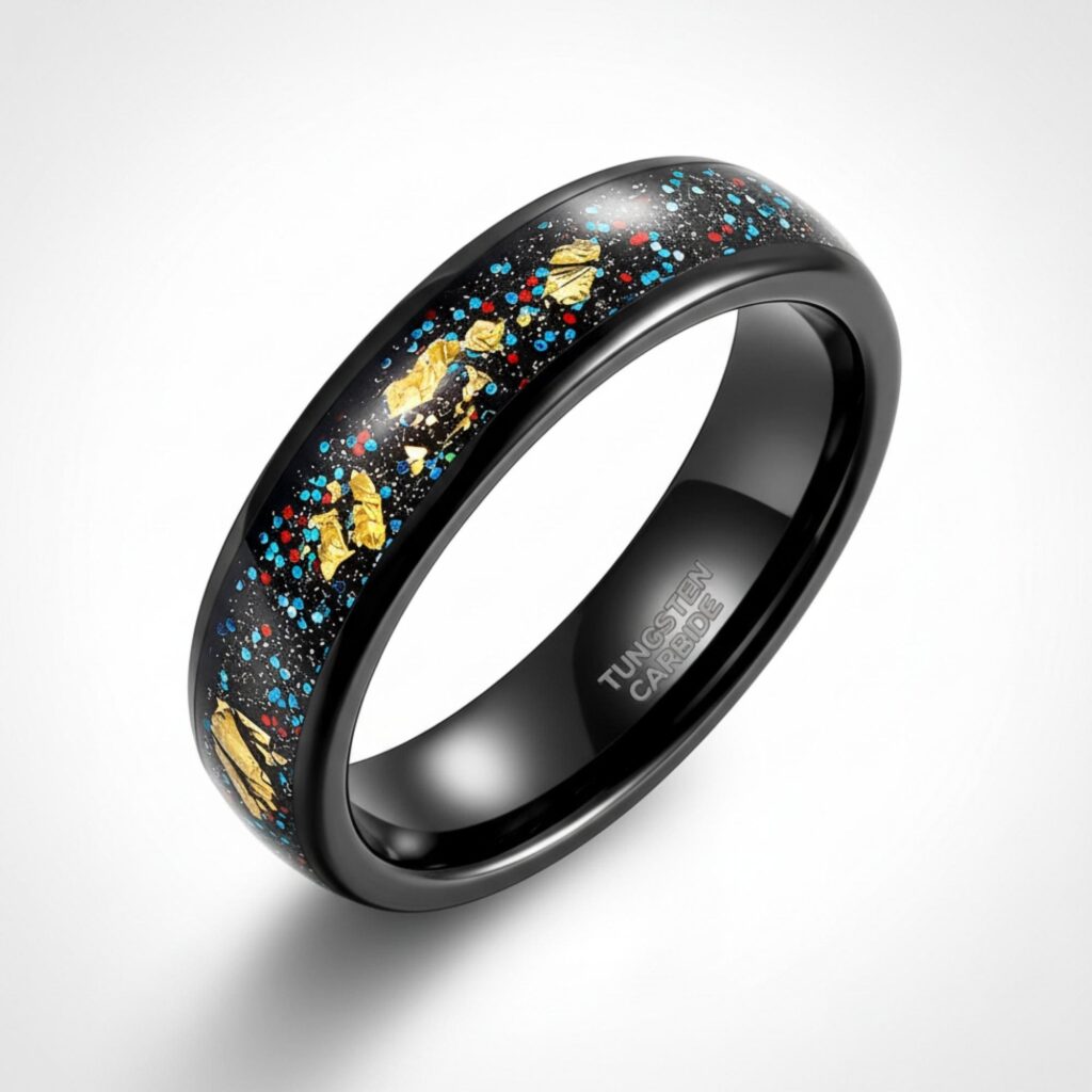 Black Tungsten Ring, Sandstone Inlay with Gold Foil, Unisex Band