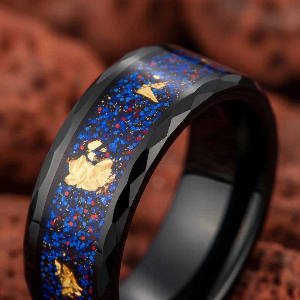 8mm Black Tungsten Carbide Ring Sandstone Gold Foil Inlay Men Wedding Engagement Anniversary Band