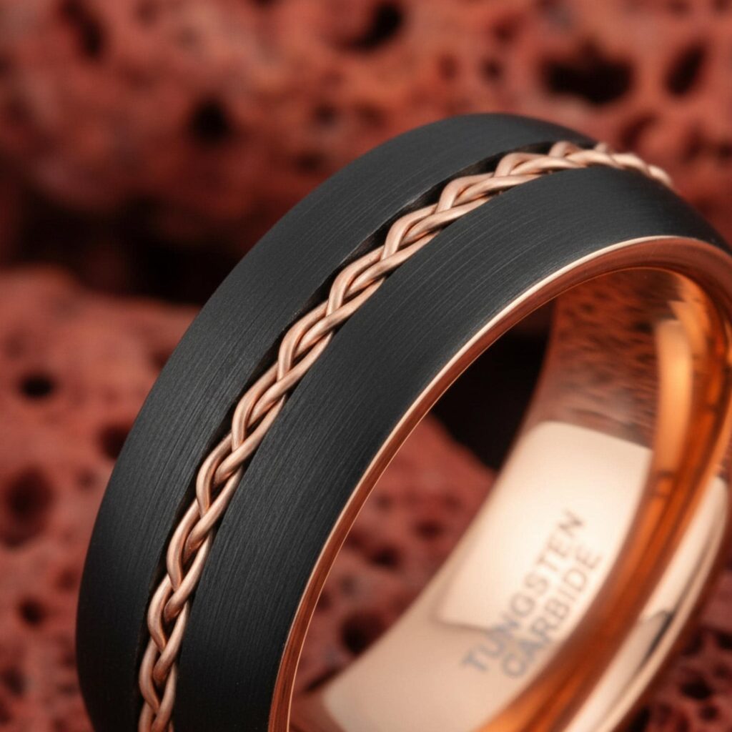 8mm Black Tungsten Carbide Ring Steel Chain Inlay Brushed Men Wedding Engagement Anniversary Band