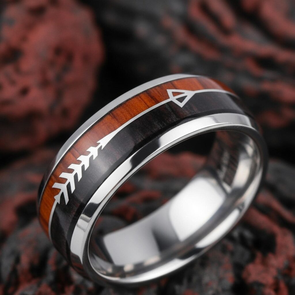 Tungsten Koa Wood Ring: Viking Arrow Wedding Band, 8mm Width