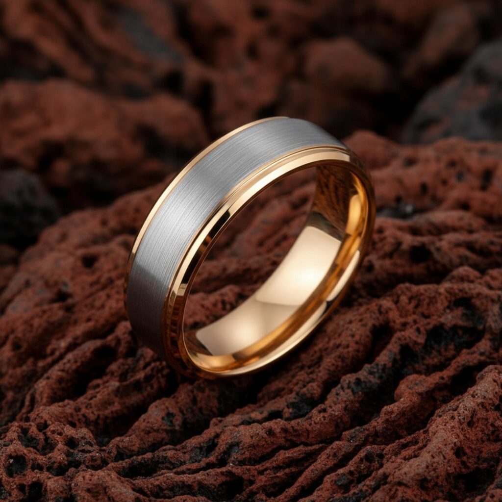 8mm Faceted Silver Tungsten Ring with Gold Edges Mens Wedding Band