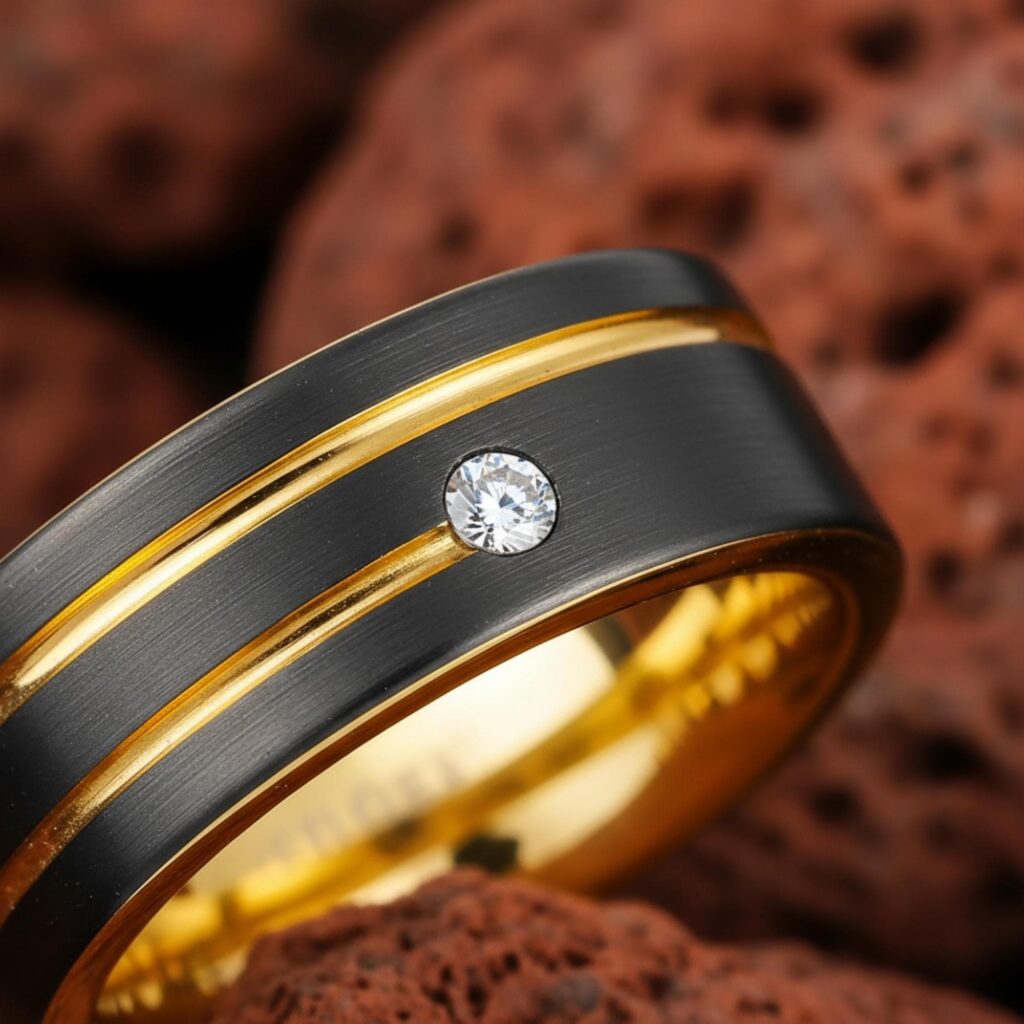 8mm Black Tungsten Ring Gold Inlay Wedding Band with CZ Stones Brushed Matte Finish