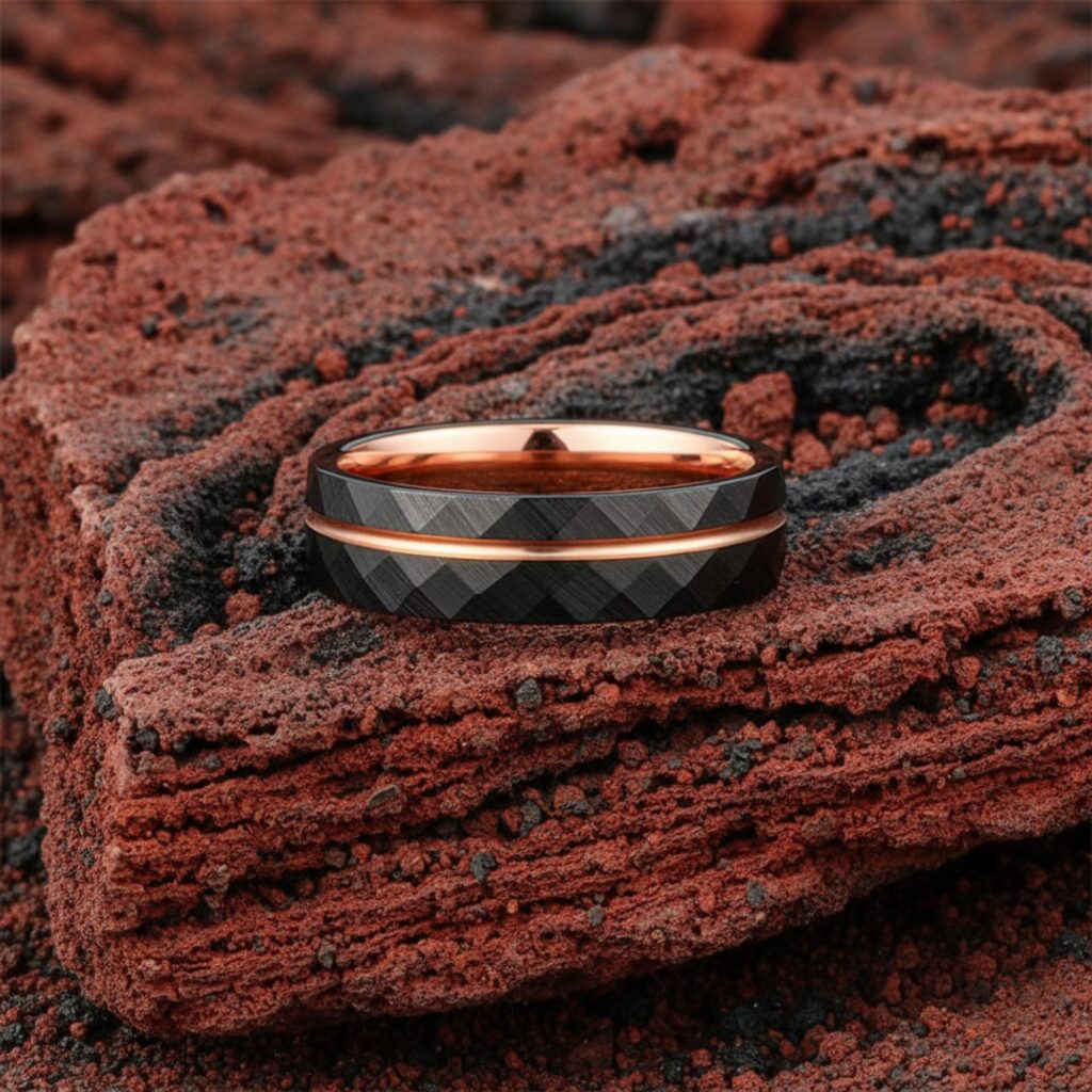 Hammered Black Tungsten Carbide Ring Rose Gold Inlay Wedding Band 4mm 6mm 8mm