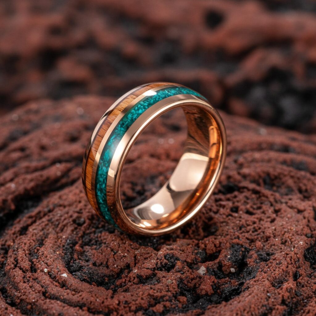 8mm Rose Gold Tungsten Ring: Wood Turquoise Inlay Wedding Band