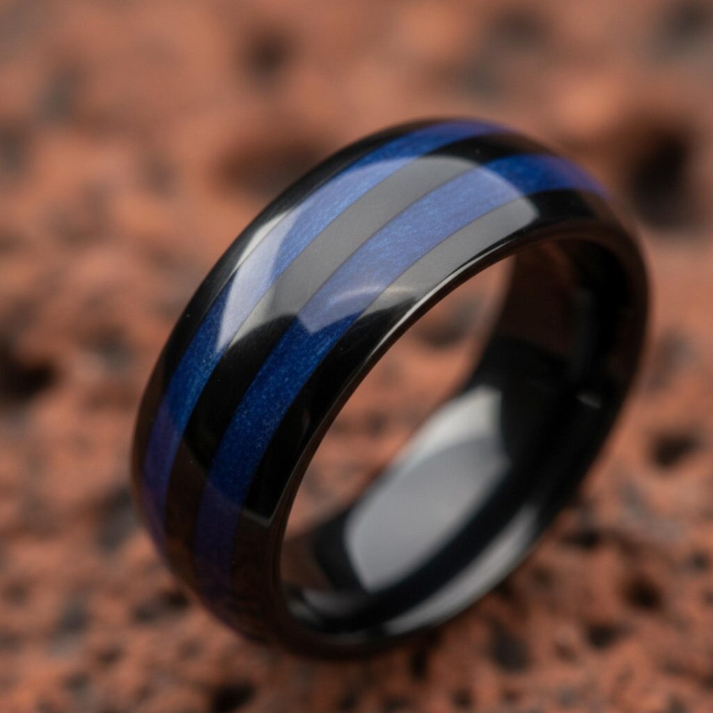 Black Tungsten Ring Blue Maple Wood Inlay Mens Wedding Band Comfort Fit