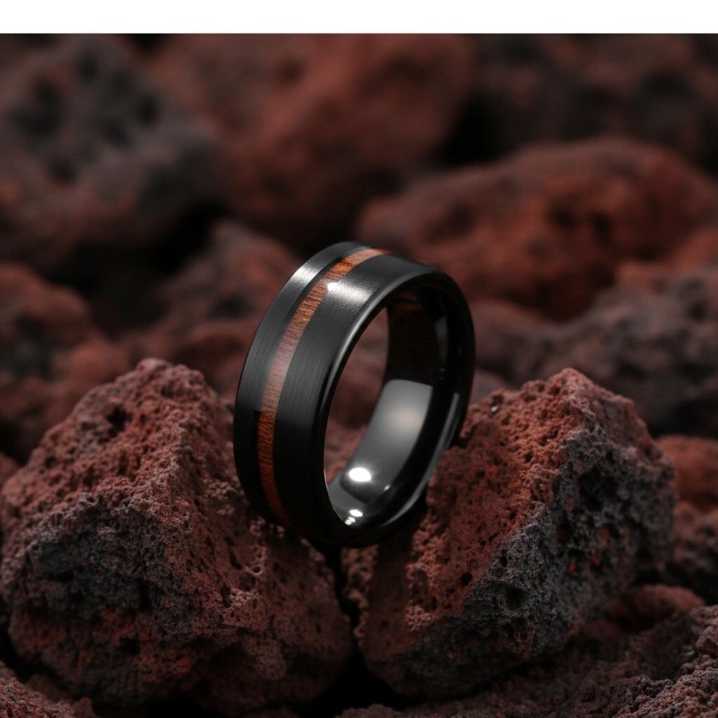 8mm Black Tungsten Ring with Wood Inlay, Brushed Comfort Fit Wedding Band
