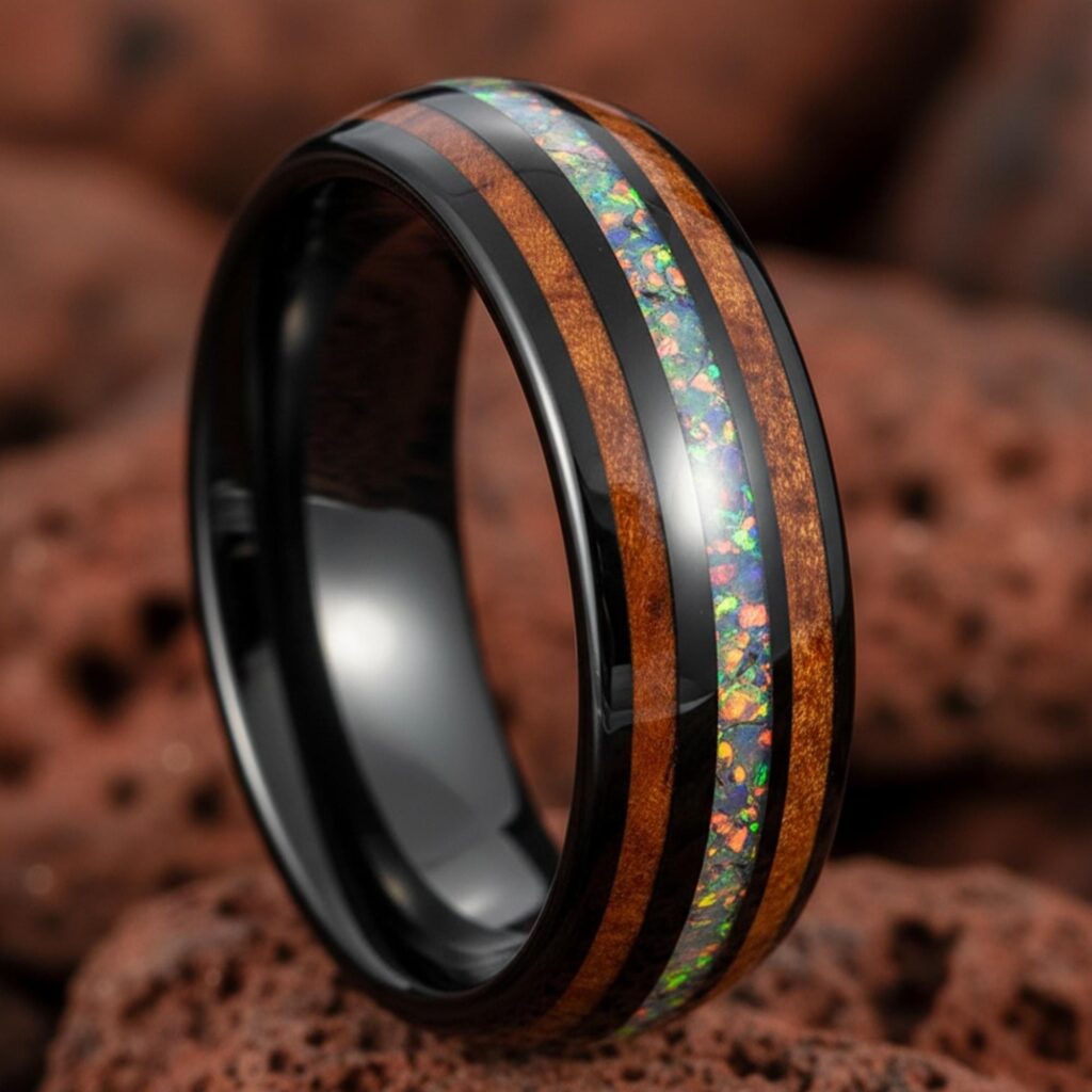 8mm Black Tungsten Ring with Koa Wood and Galaxy Opal Inlay Mens Wedding Band