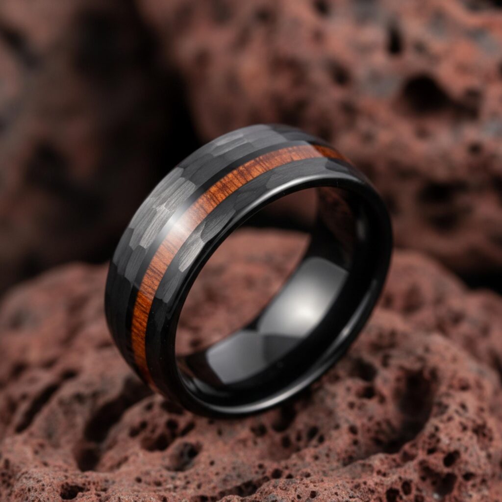 8mm Hammered Black Tungsten Ring with Wood Inlay Mens Wedding Band