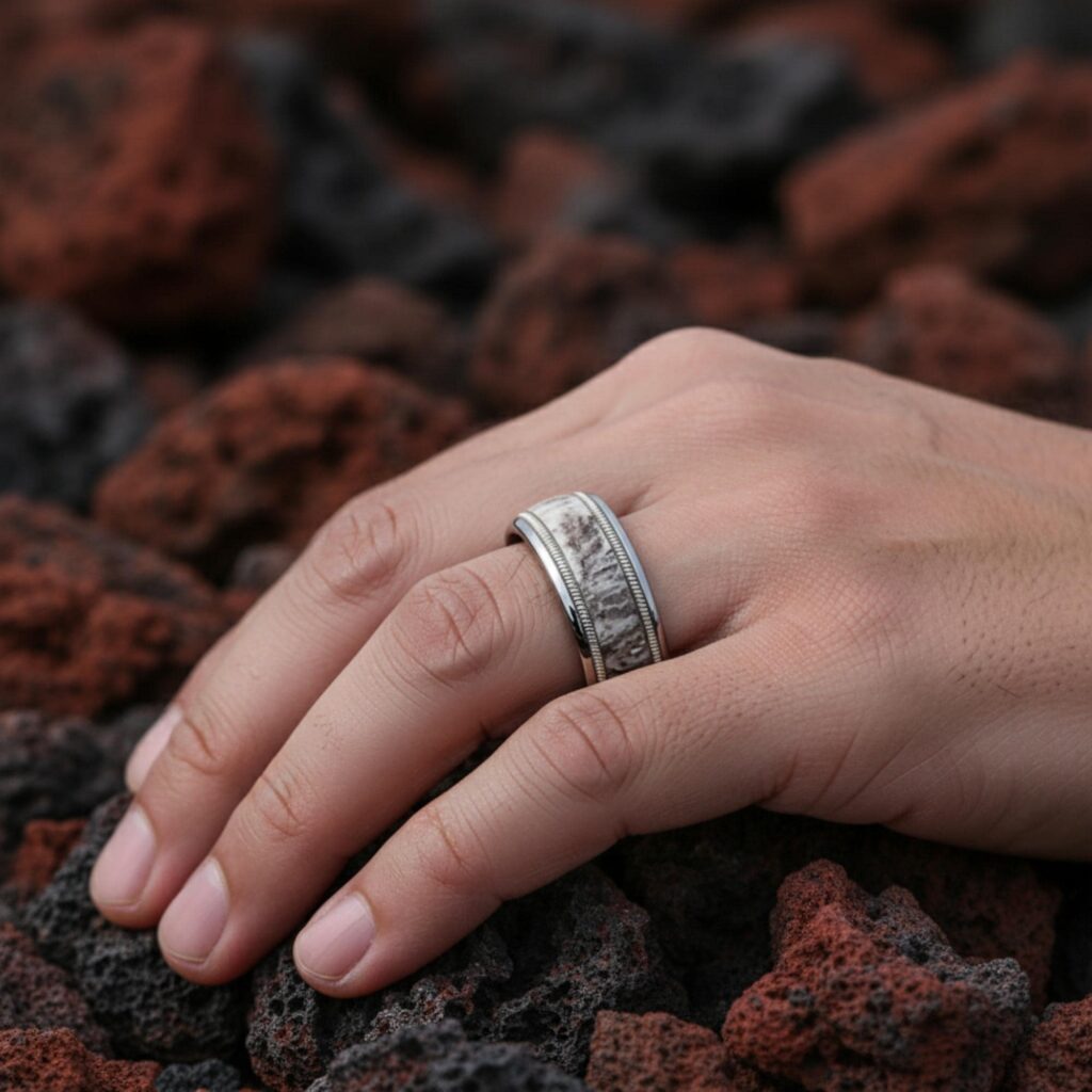 Tungsten Carbide Ring: Deer Antler, Guitar String Inlay, 8mm Band, Rustic Music Style