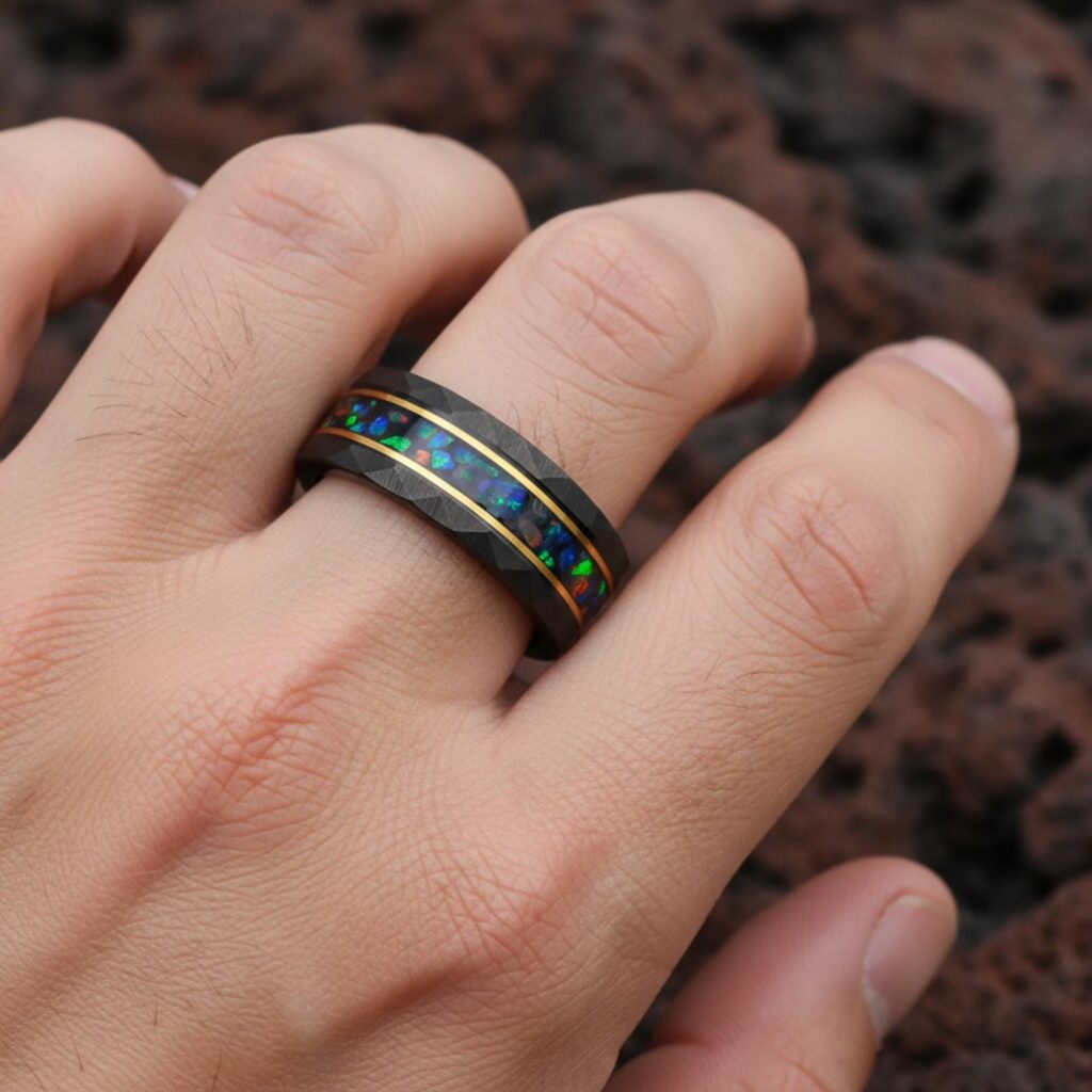Black Tungsten Hammered Ring with Opal Inlay and Gold Edges – 8mm Band