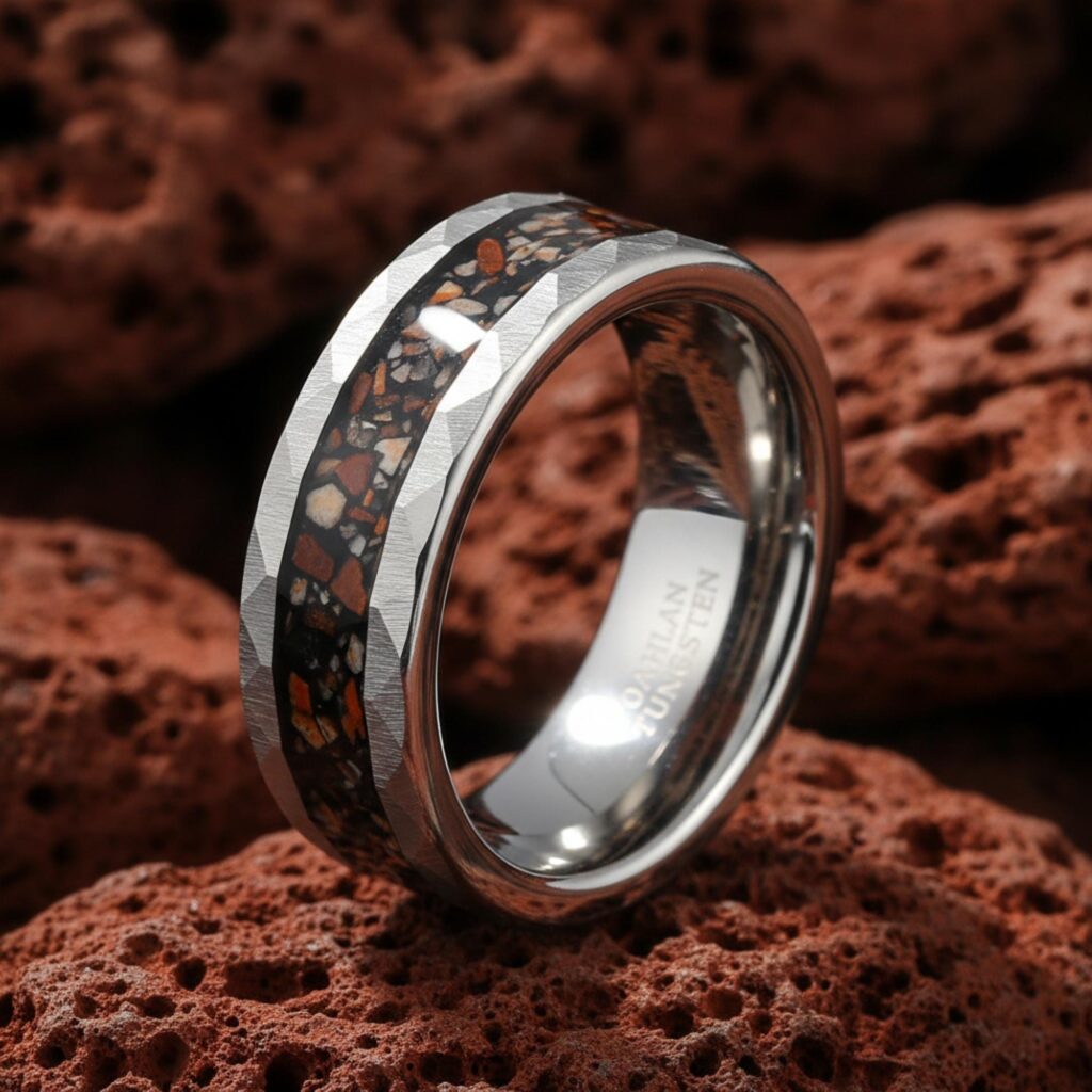 Men's Tungsten Carbide Ring: 8mm Hammered Faceted Band with Dinosaur Bone Inlay