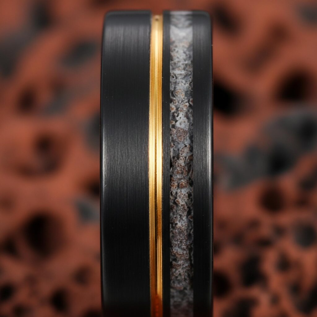 Black Tungsten Ring with Deer Antler Inlay and Gold Groove – Rustic Men's Wedding Band