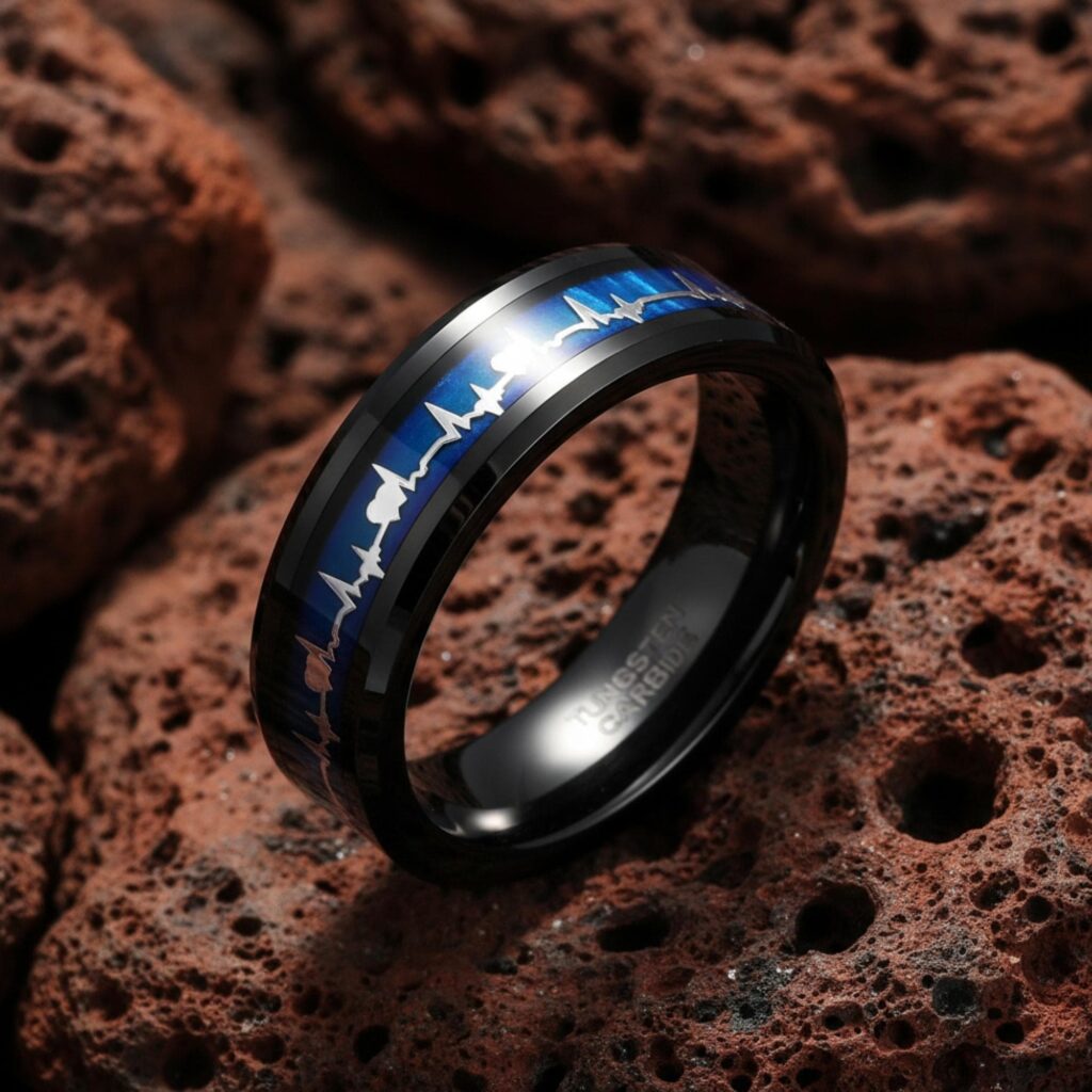 Tungsten Carbide Ring: Blue EKG Heartbeat Wedding Band (6mm/8mm)
